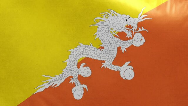 Bhutan flag. Bhutanese flag waving in the wind. Full screen, flat, cloth material texture. National Flag. Loopable. Looping. CGI graphic animation HD