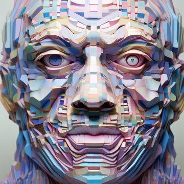 An abstract interpretation of a face seamlessly blended with the patterns of a microchip low poly