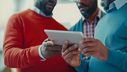 Three entrepreneurs looking at a digital tablet

