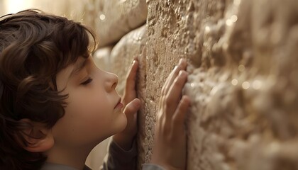 Young boy fervently praying at the Western Wall

