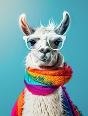 Fototapeta premium A llama wearing stylish glasses and a colorful scarf in a playful pose