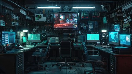 Inside the Symmetrical Den of Hackers: A High-Tech Haven of Computers and Intrigue - obrazy, fototapety, plakaty
