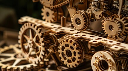Fototapeta premium Sustainable engineering marvel wooden cogs and wheels pieced together by expert hands