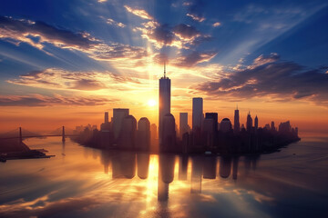 Sunset view of Manhattan skyline at New York City during evening AI Generative - obrazy, fototapety, plakaty