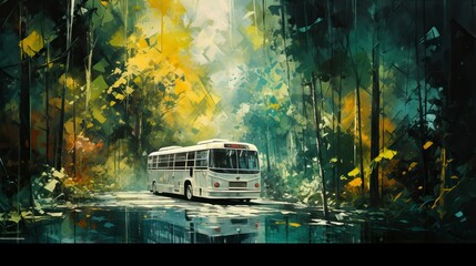 Fototapeta premium The tour bus travels through the forest. Forest Image