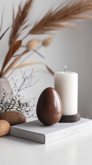 A chocolate Easter egg and a white candle, home interior background.