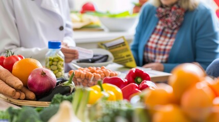 A patient with gout receives education from a nutritionist on how to modify their diet to manage their symptoms. Brightly colored food models and labels on a nearby table