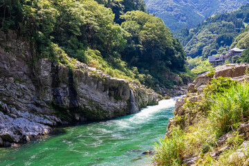 大歩危峡観光遊覧船から見た、大歩危渓谷を流れる吉野川の流れ