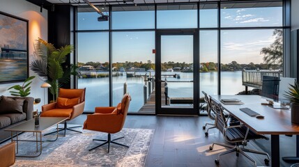 An office with floor-to-ceiling windows overlooking the water, specializing in waterfront properties  - obrazy, fototapety, plakaty