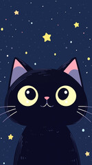 Hand drawn cartoon illustration of cat looking at the starry sky