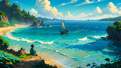 tropical island in the ocean illustration background - obrazy, fototapety, plakaty