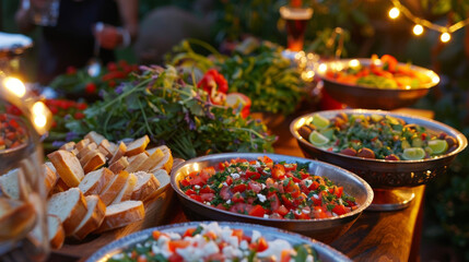 As the day turns to dusk a vibrant spread of salads dips and fresh bread is illuminated by soft le lights. - obrazy, fototapety, plakaty