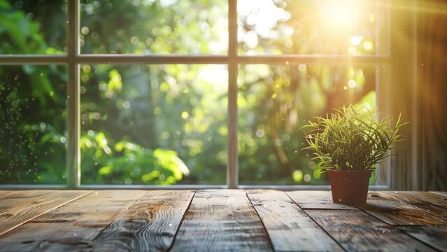 desk of free space with garden view and blurred summer window as background. seamless looping overlay 4k virtual video animation background