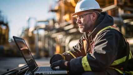 Factory worker in oil refinery using laptop computer for maintenance work