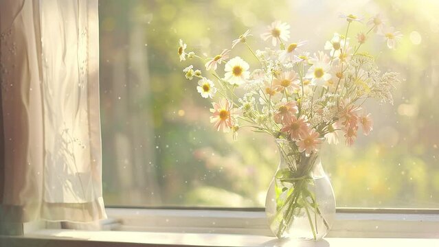 summer flowers in vase on windowsill in sunlight. seamless looping overlay 4k virtual video animation background
