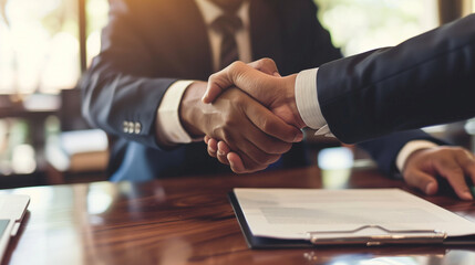 businessman hand shaking over a contract file on the table in office, successful business deal concept, corporate people hand shake