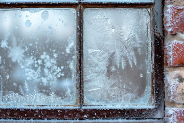 A window with frost on it and a brick wall behind it