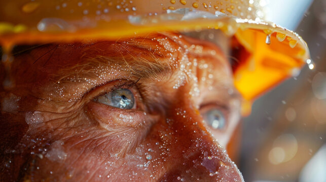 A closeup of a construction workers face shows beads of sweat forming on brow as they work on installing aerogel insulation in the interior walls of a building. The