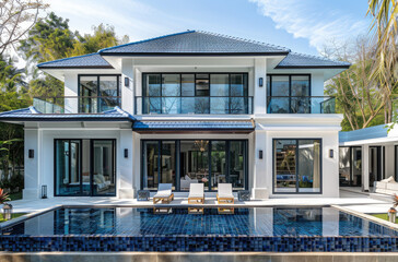 A modern twostory villa with blue tile roof, white walls and glass windows on the first floor. The swimming pool is in front of it, surrounded by lush greenery - obrazy, fototapety, plakaty