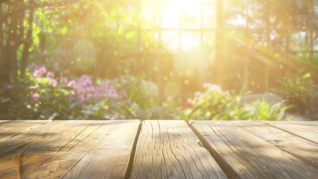 garden view from a window with sunlight. wood table top counter bar on blur of window. seamless looping overlay 4k virtual video animation background