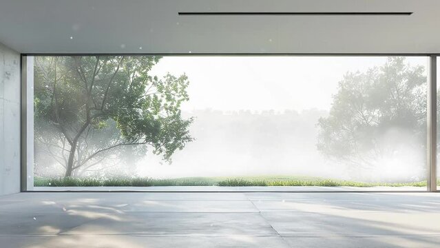 the interior minimal empty space 3d rendering and nature view from large window. seamless looping overlay 4k virtual video animation background