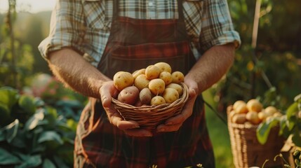 Farmer holding freshly harvested potatoes at farm - obrazy, fototapety, plakaty