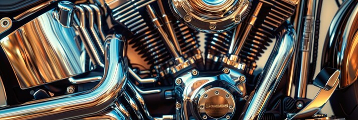Revving Up: A Stunning Panoramic View of a Gleaming Motorcycle Engine