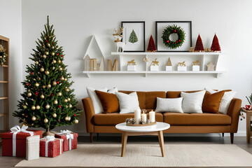 Domestic and cozy christmas living room interior with corduroy sofa, white shelf, mock up poster frame, christmas tree, decoration, wreath, gifts and accessories. Home decor. Family time. Template. - obrazy, fototapety, plakaty
