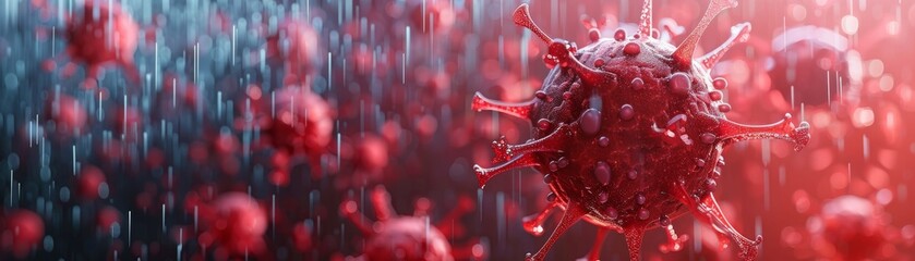 3D Rendered Virus Cells in Rain with Focus on a Single Virulent Pathogen
