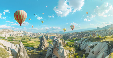 A panoramic view of hot air balloons floating over the rugged landscapes and unique rock formations in Cappadocia, Turkey