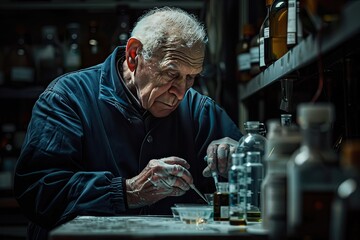 An elderly man in a dark shirt works in a laboratory.