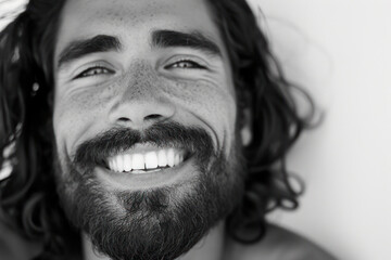 Close-up of joyous man with beard smiling. Positive human emotions.