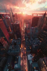 An immersive wallpaper design featuring a bustling cityscape at dawn, with the first light of morning illuminating the skyline and the streets below stirring to life, Generative AI