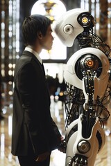 A man harnesses the power of AI, employing smart robot technology for innovation and a futuristic leap in global connectivity - obrazy, fototapety, plakaty