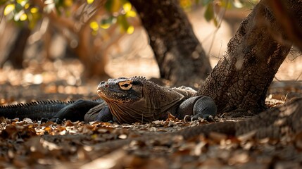 A komodo dragon resting under trees