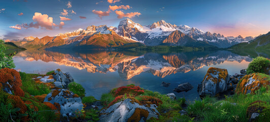 A panoramic view of the Briesins mountain range with snowcapped peaks reflecting in still waters