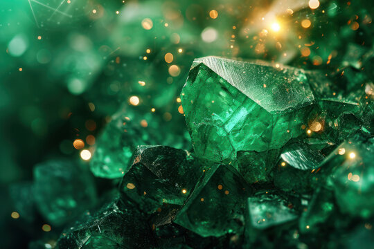 Emerald crystals with glowing particles and bokeh effect. Luxury and wealth.