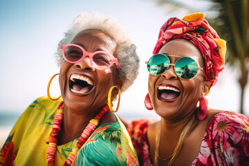 Joyful senior women enjoying tropical beach vacation. Retirement and leisure.