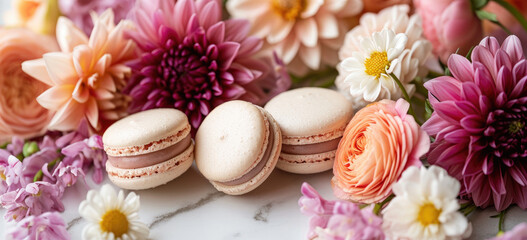 Fototapeta na wymiar Macarons paired with colorful flowers on marble surface. Gourmet and elegance.