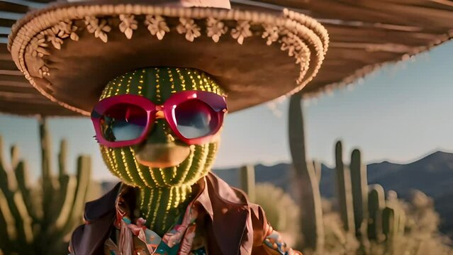 a cactus wearing sombrero hat, mariachi costume and glasses on desert with copy space area. Suitable for chinco de mayo videos.