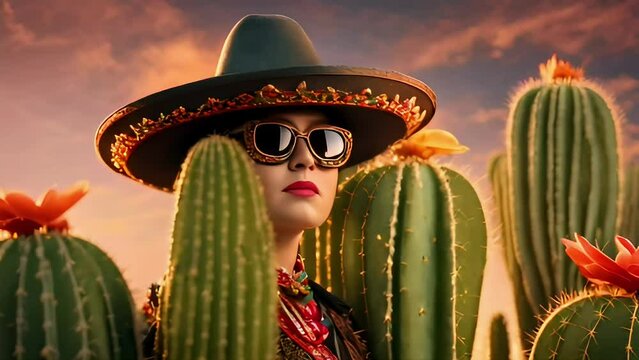 A woman wearing sombrero hat, mariachi costume and glasses on desert with copy space area. Suitable for chinco de mayo videos.