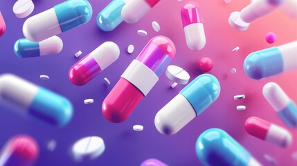 a bunch of pills are flying around on a purple and pink background