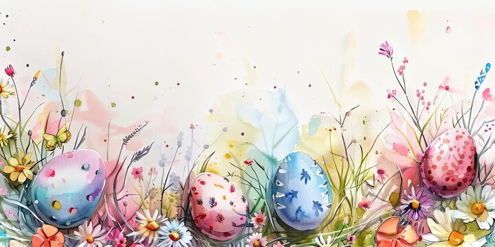a painting of a bunch of eggs in a row with plants and flowers around them