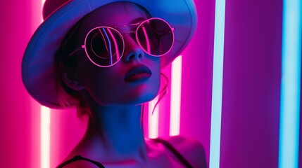 a woman with glasses and a pink and blue background