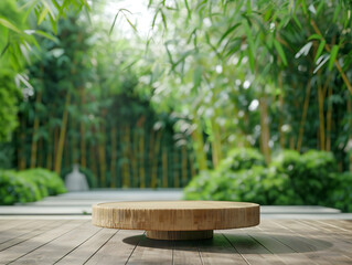 Minimal, natural log wood podium, bamboo tree in sunlight for organic beauty, cosmetic, skincare,...