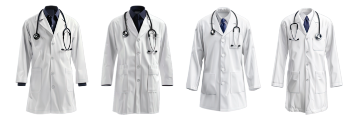 Collection of PNG. Medical white coat mock up isolated on a transparent background.