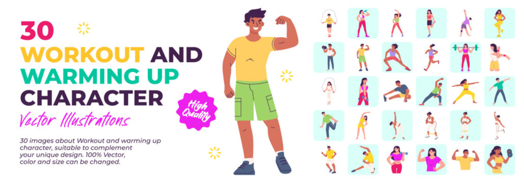 Character Illustration. Mega Set. Collestion scenes of people doing workout, exercise, fitness, warming up activity. Vector Illustration
