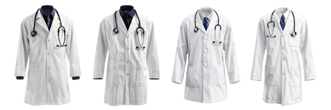 Collection of PNG. Medical white coat mock up isolated on a transparent background.