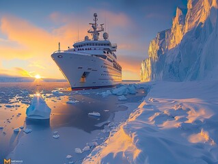 A cruise ship sails through the serene icy waters of the Arctic