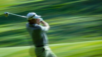The blur of motion as a golfer swings their club with full force.